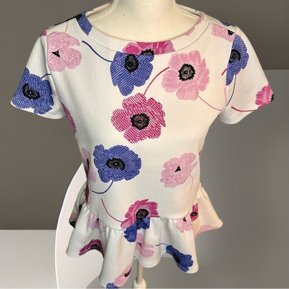 Elle White Purple / Blue Floral Jacquard Short Sleeve Peplum Blouse Size Small - Picture 4 of 8